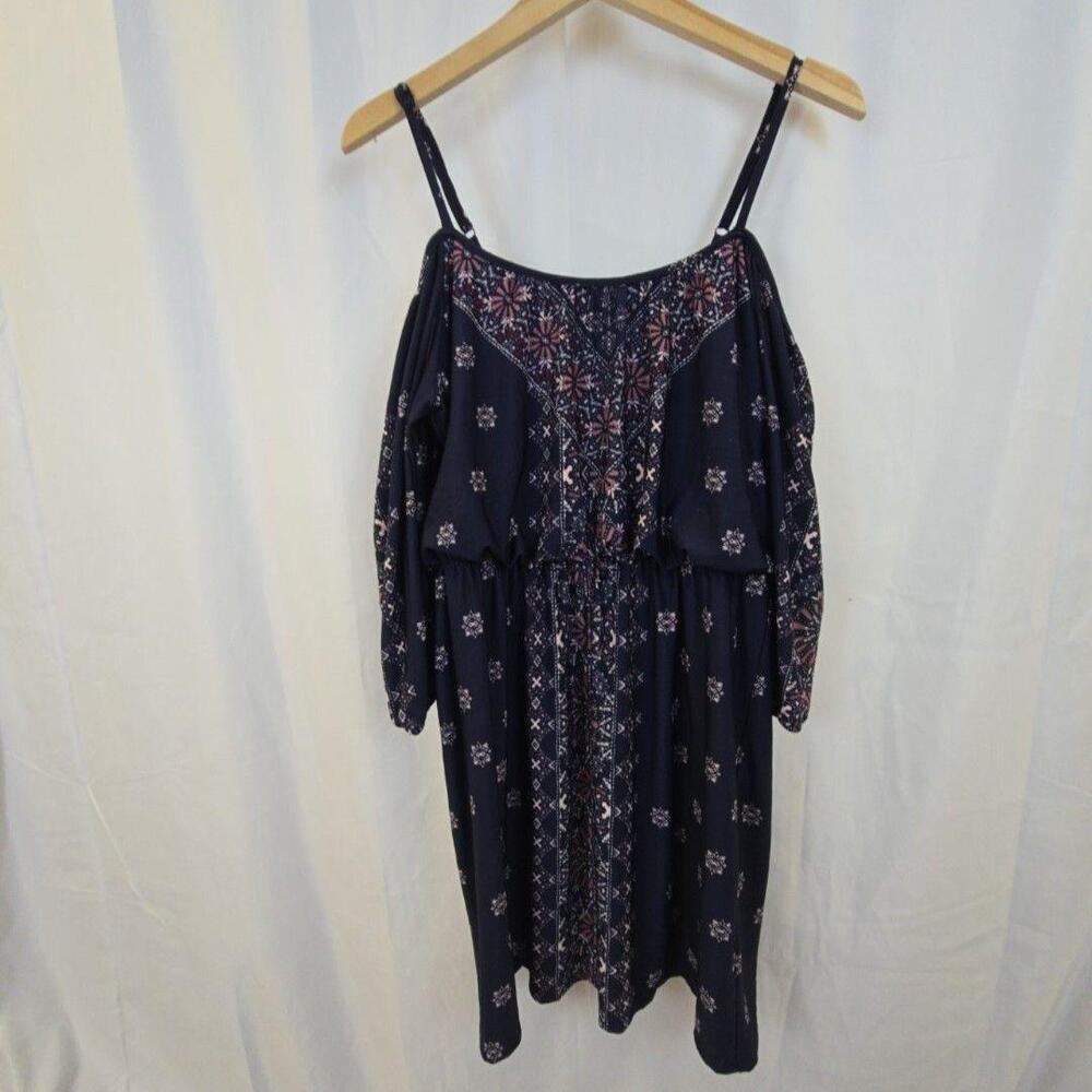 Maurices Dress Womens XL Blue Geometric Off Shoulder Ruffle Long Sleeve Sundress